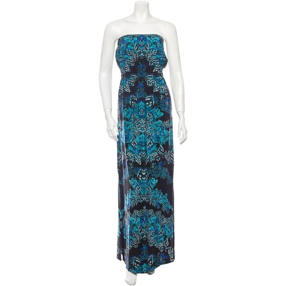 Twelfth Street by Cynthia Vincent Silk Strapless Maxi‎ Dress Blue Teal Floral Sm